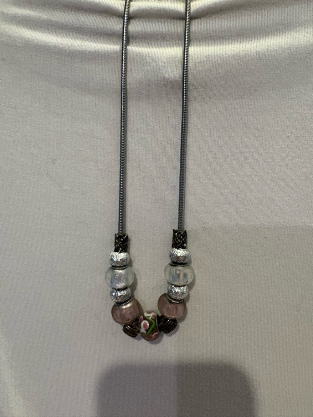 Silver and Brown Glass Bead Pendant Necklace